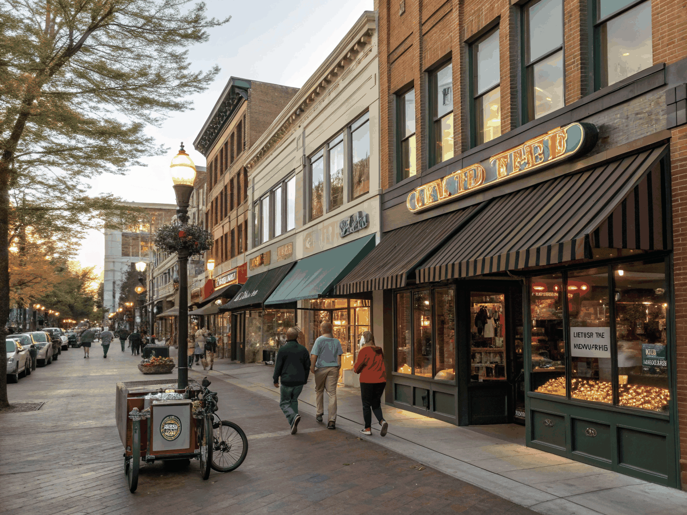 Active sunlit local downtown street with pedestrian shoppers and independent retail storefronts