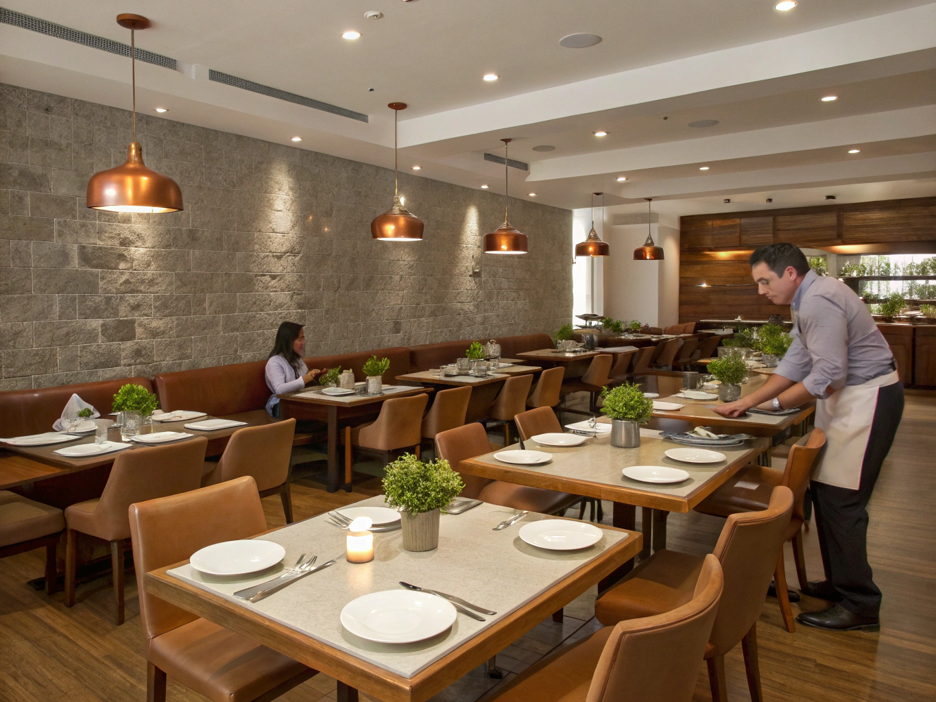 Restaurant dining table with delicious fresh dinner courses