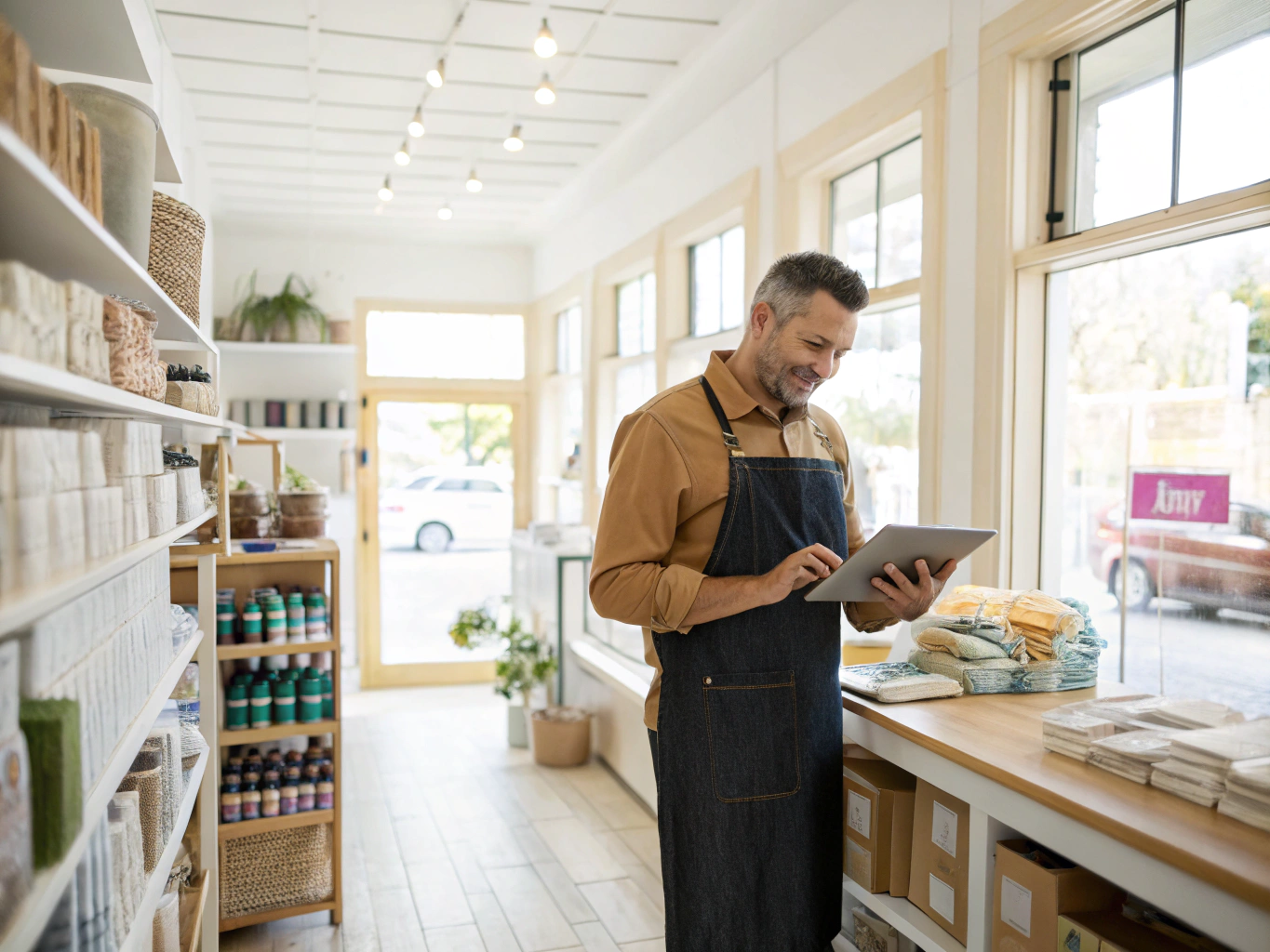 Authentic local shop owner smiling warmly behind their wooden storefront counter
