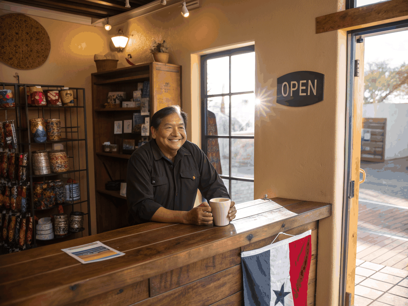Independent business owner greeting customers warmly at a store counter