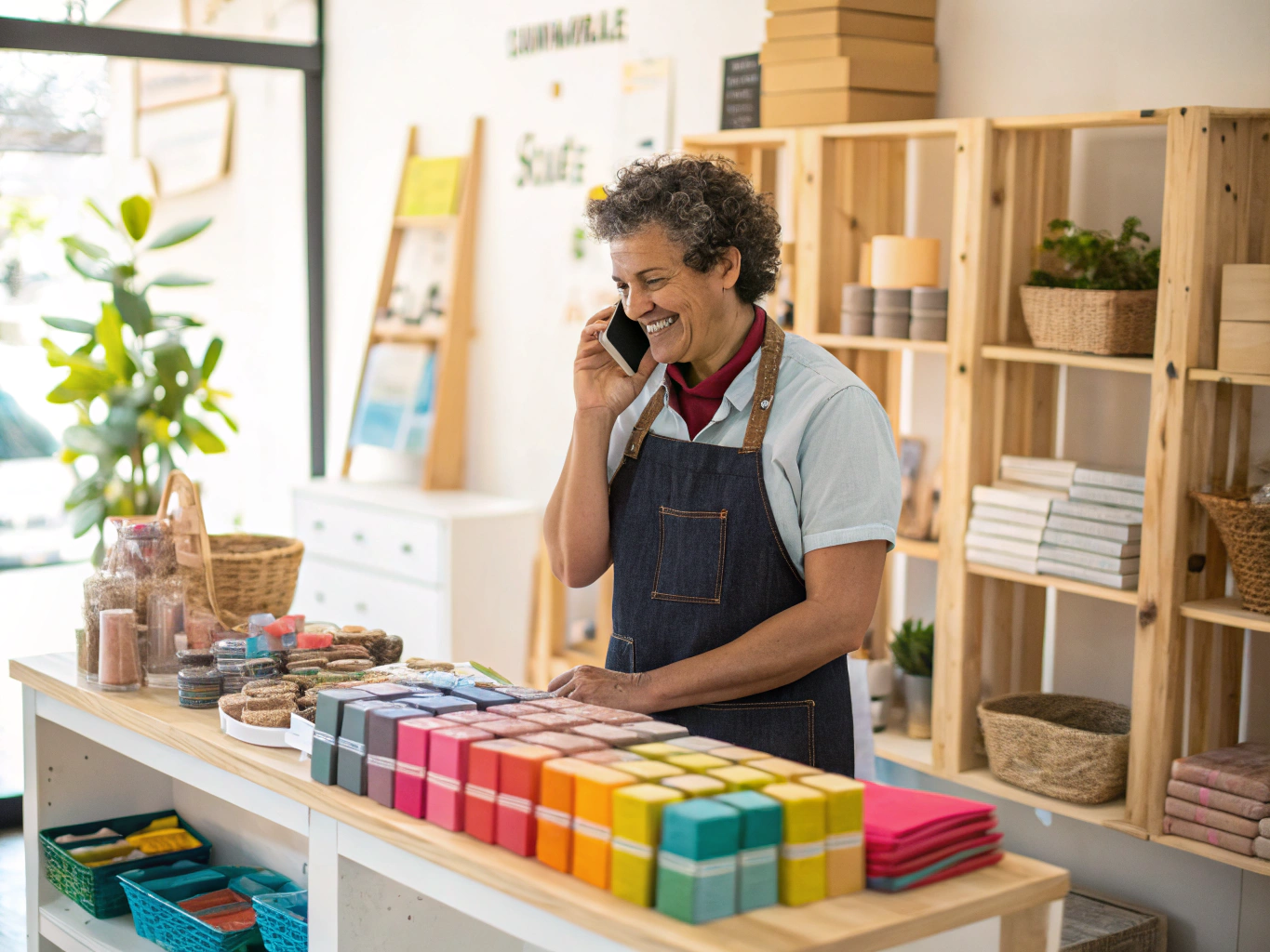 Independent local store owner checking real customer orders on a phone at the counter